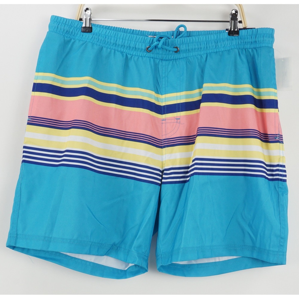 Club Room Mens XL Blue Yellow Pink Stripe 7in Inseam Mesh Lined Swim Trunks NEW